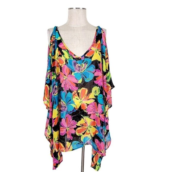 BCBGMaxAzria Cover Up Top Women Size S Oversize Batwing V Neck Floral Colorful - Picture 9 of 9